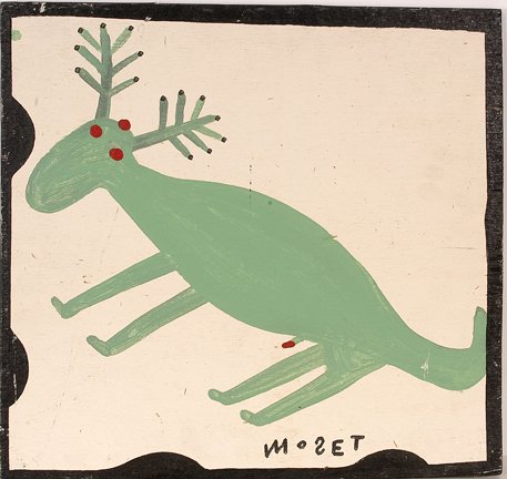Mose Tolliver. Green Moose.: Mose Tolliver. Green Moose. Housepaint on wooden board. 17” w x 16”h. Est. $300-500. Ship: $35