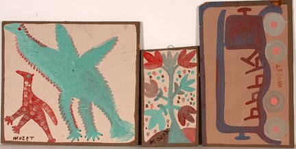Mose Tolliver. Three Works.: Mose Tolliver. Three Works. c. 1980’s. Paint on press board and masonite. All are signed. Bus has some damage to the lower right, other two are in great condition. Average size is 20” w x 18” h.