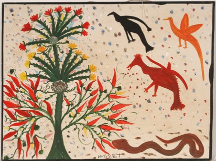 Mose Tolliver (attributed). Tree, Bird & Snake.: Mose Tolliver (attributed). Tree, Bird and Snake. Paint on board. Signed. Great condition. 32” w x 24”h. Est. $200-400. Ship: $45