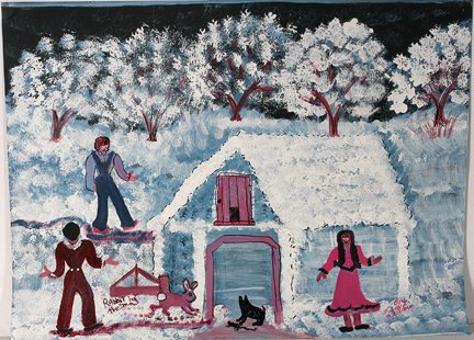 Annie Wellborn. Snow Scene.: Annie Wellborn. Snow Scene. Acrylic on tar paper. Signed. 27” w x 20” h. Excellent condition. Provenance: The Ted Oliver Collection. Est. $200-300. Ship: $45