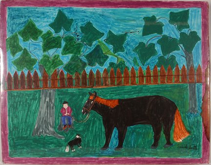 Lucile Smith. Big Black Horse.: Lucile Smith. Big Black Horse. c. 1989. Marker on paper. Signed. Acquired directly from the artist. 28” w x 22”h. Excellent condition. Est. $300-500. Ship: $45