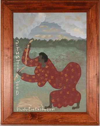 Black Joe Jackson. Gitnn Tindr wood (sic.): Black Joe Jackson. Gitnn Tindr wood (sic.) Acrylic on board. Signed and titled. Excellent condition. Size with frame is 32” w x 40” h. Est. $300-500. Ship: $100