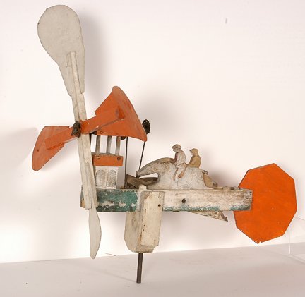 Steeple Chase Horse Race Whirligig.: Steeple Chase Horse Race Whirligig. Carved and painted wood with metal mechanics. Good condition. 19” x 22” x 20”. Provenance: The Leo Rabkin Collection to benefit The High Museum of Art, Atlant