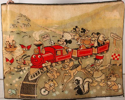 Antique Disney Character Rug: Antique Disney Character Rug. Note the Disney characters, Mickey and Minnie Mouse and Lady & the Tramp. Very rare. 58” x 46”. Provenance: The Leslie Eisenberg Gallery Collection. Est. $700-1,000.