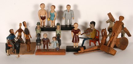 Boxed Lot of Carved Figures: Boxed Lot of Carved Figures. Carved and painted wooden men, women, horses, etc. Average size is 4-6”h. Provenance: The Leo Rabkin Collection to benefit The High Museum of Art, Atlanta, GA. Est. $200