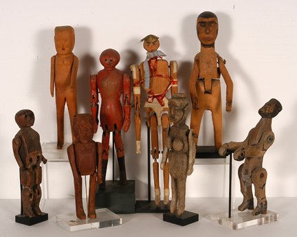 Eight Limberjacks.: Eight Limberjacks. Carved and pinned wooden figures. Good to great condition. Average is 9” h. Provenance: The Leo Rabkin Collection to benefit The High Museum of Art, Atlanta, GA. Est. $400-800. Sh