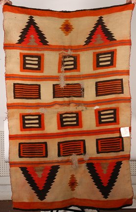 Navajo Blocks & Teepees Native Am. Blanket.: Navajo Blocks & Teepees Native American Blanket. Hand-woven wool with natural dyes. Poor condition with lots of wear and repair. c. 1890’s. 63” x 40”. Provenance: The Leo Rabkin Collection to be