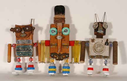 Mark May. 3 Robot Figures.: Mark May. Three Robot Figures. 2011. Mixed media on wooden blocks. Signed, titled and dated. Excellent condition. Average size is 10” x 7”. Provenance: The George and Sue Viener. Est. $200-300. Sh