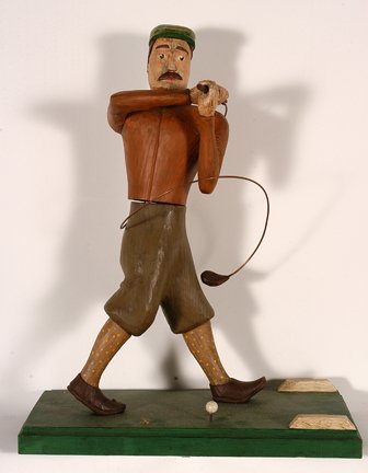 Jac John. Drives For Show.: Jac John. Drives For Show. 2004. Carved and painted wood with wire club. Signed , dated and titled. Great condition. 18” x 9” x 24”. Est. $300-500. Ship: $55