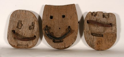3 Snow Shoes For Horses.: Utilitarian. Three Snow Shoes For Horses. Carved wood and forged metal. Average size is 9” x 8”. When they hang upside down they make smiley faces. Provenance: The George and Sue Viener Collection