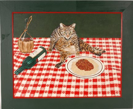Barbara Schrag. Dinner Cat.: Barbara Schrag. Dinner Cat. Oil on canvas. Signed. 33 w x 37 h with frame. Excellent condition. Est. $200-400. Ship: $65