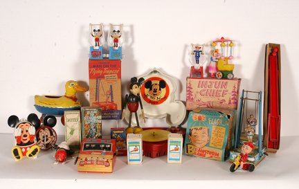 Box Lot of Mickey Mouse Toys.: Box Lot of Mickey Mouse Toys and Other Subjects. Some include original boxes. Good to fair condition. Provenance: The Leo Rabkin Collection, being sold to benefit The High Museum. Est. $400-600. Ship: