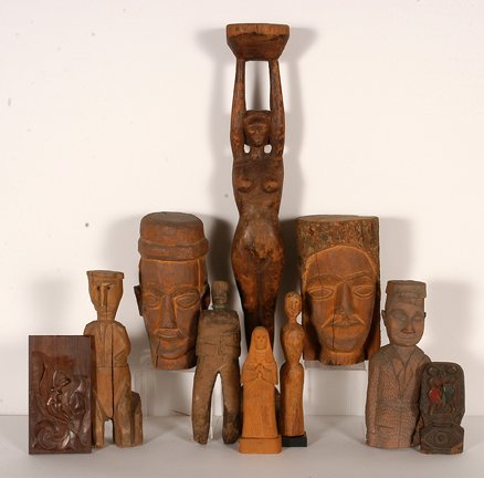 Variety of 10 Carved Wooden Figures.: Variety of 10 Carved Wooden Figures from nudes to baskets. Good to great condition. Tallest is 23.5 h. Provenance: The Leo Rabkin Collection, being sold to benefit The High Museum. Est. $200-300. Ship