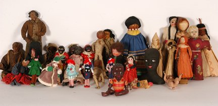 Giant Box Lot of Variety of Dolls.: Giant Box Lot of Variety of Dolls. Includes corn husk, plastic, apple heads, stuffed cloth, Seminole Indian, ect. Average size is 8 h. Provenance: The Leo Rabkin Collection, being sold to benefit The 