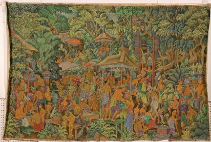 J. Mereeda. People Butchering Hogs.: J. Mereeda. Forest People Butchering Hogs. Oil on unstretched canvas. Signed. Great condition. 86” w x 55”. Provenance: The Florida Folk Art Museum. Est. $100-300. Ship: $45