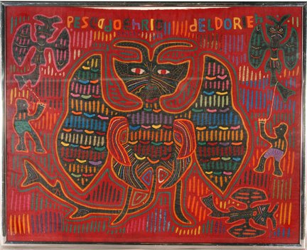 San Blas Islands. Bat Mola.: San Blas Islands. Bat Mola. c. 1970’s. hand-stitched fabric and natural dyes. Excellent condition. Rare image of people catching bats or devil creatures. Image is 20” w x 16”h. Provenance: Leo R