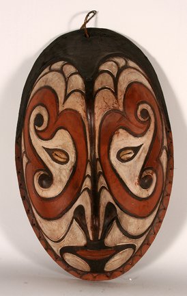 Papua New Guinea. Oceanic Mask.: Papua New Guinea. Oceanic Mask. Carved wood with seashell eyes. Excellent condition. Most likely contemporary. 23” h. Est. $200-400. Ship: $45