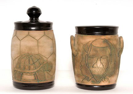 Winston & Rosa Eugene. Cookie Jar & Crock.: Winston & Rosa Eugene. Cookie Jar & Crock. 2004 & 2003. Signed and dated. 7.5 h each. Mint condition. Est. $50-100. Ship: $65