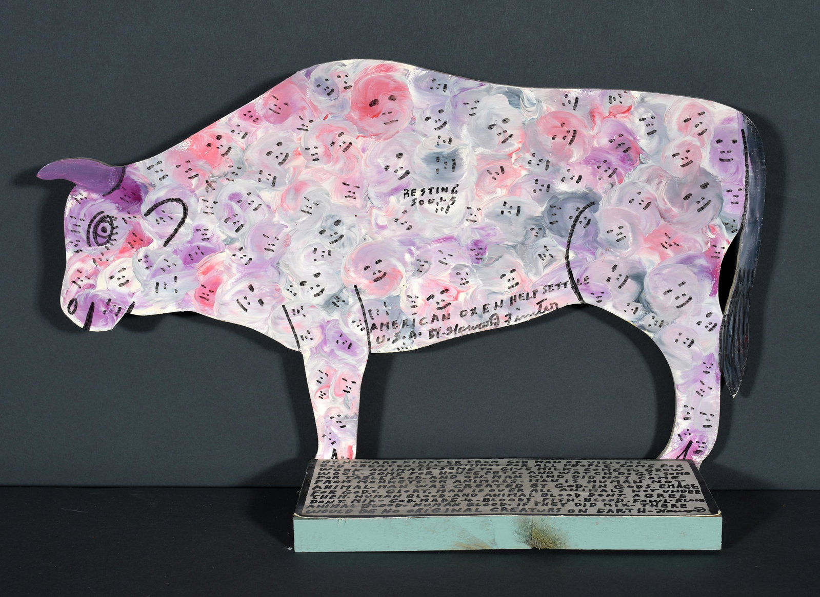 Howard Finster. American Oxen.: Howard Finster. American Oxen. 1993. #30,754. Signed, dated, titled and numbered. Paint and maker on cut out board with paper label. Excellent condition. 16"w x 14"h. Est. $300-500. Ship: $45