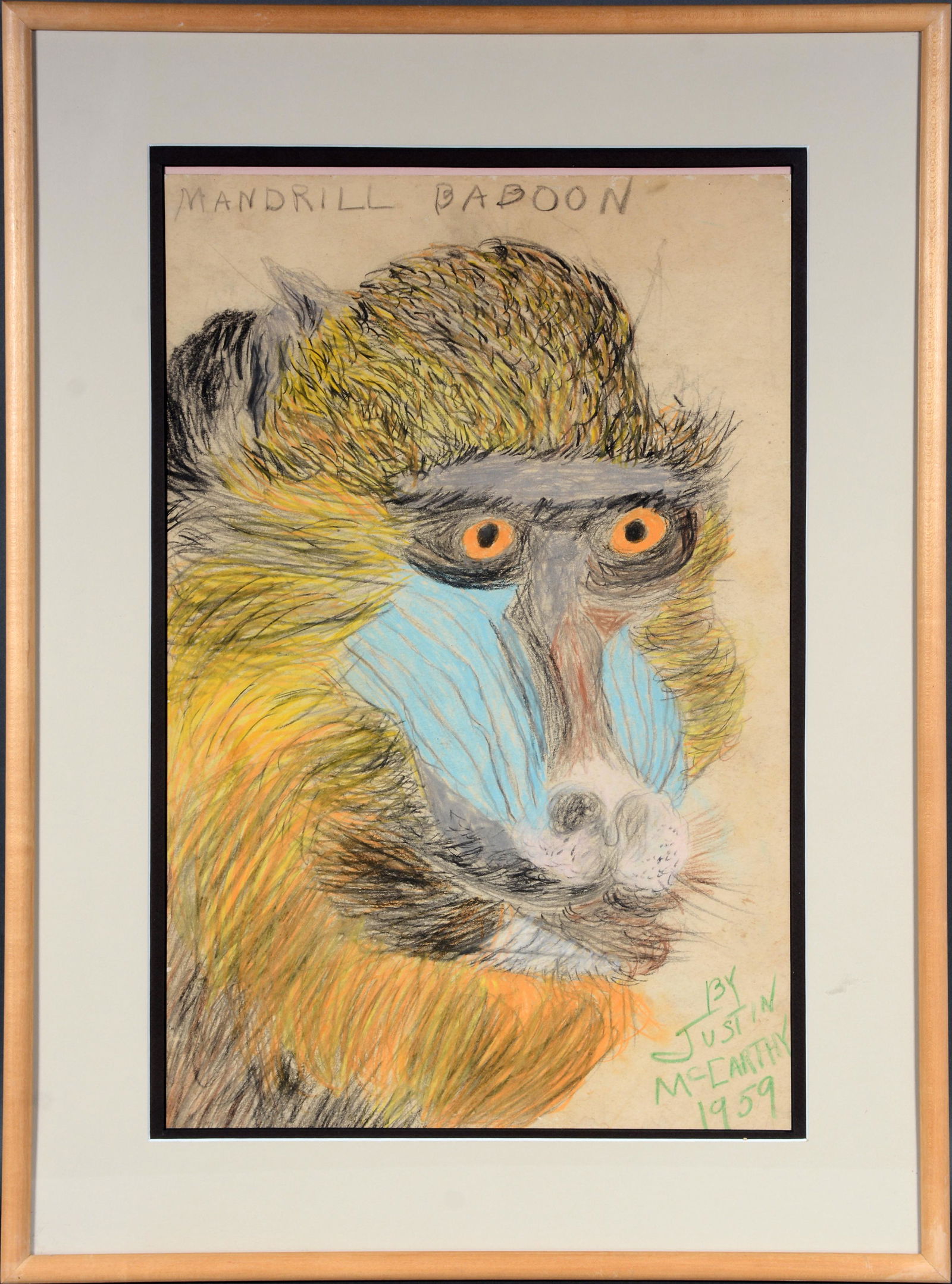Justin McCarthy. Mandrill Baboon.: Justin McCarthy. Mandrill Baboon. 1959. Signed, dated and titled. Pastel and graphite on paper. Excellent condition. 21"w x 29"h with frame. Est. $1,000-1,500. Ship: $75