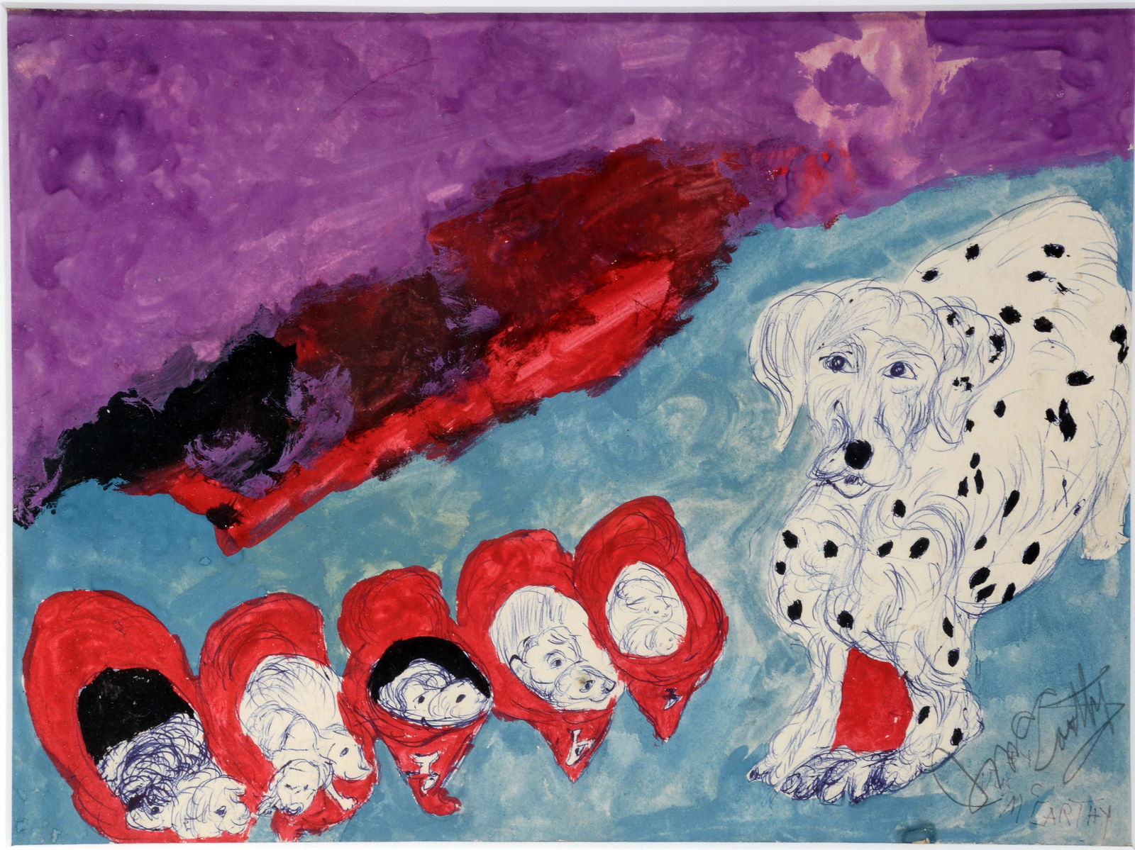 Justin McCarthy. 101 Dalmations.: Justin McCarthy. 101 Dalmatians. Signed. Paint and ink on paper. Excellent condition. Image is 12" x 8". Frame is 21"w x 18"h. Provenance: The personal collection of Robert Cargo. Est. $600-900. Ship: