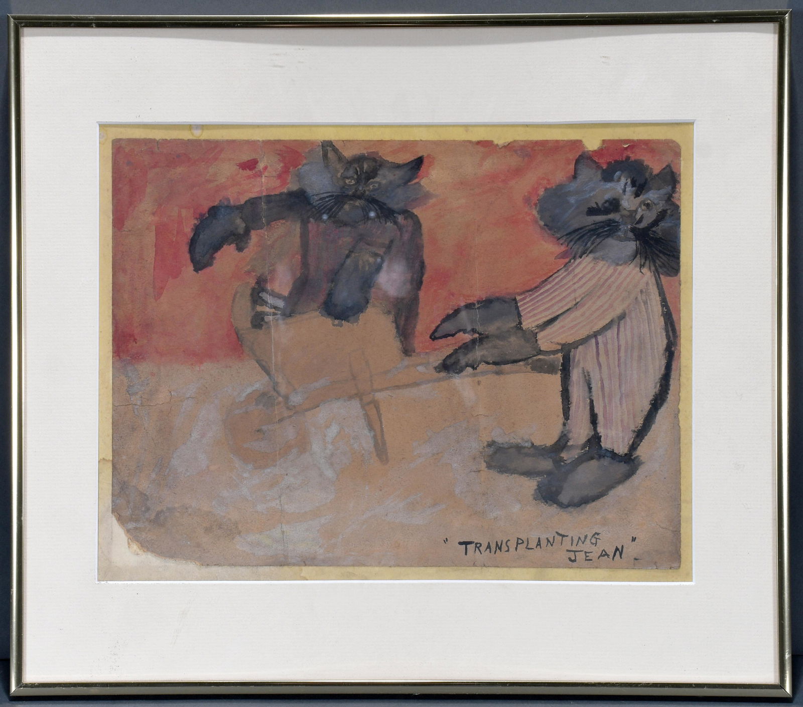 Justin McCarthy. Transplanting Jean.: Justin McCarthy. Transplanting Jean. Titled. Watercolor on found cardstock. Missing corner and creases otherwise fair condition. Image is 12"w x 9"h. Frame is 16"w x 14"h. Est. $200-300. Ship: $45