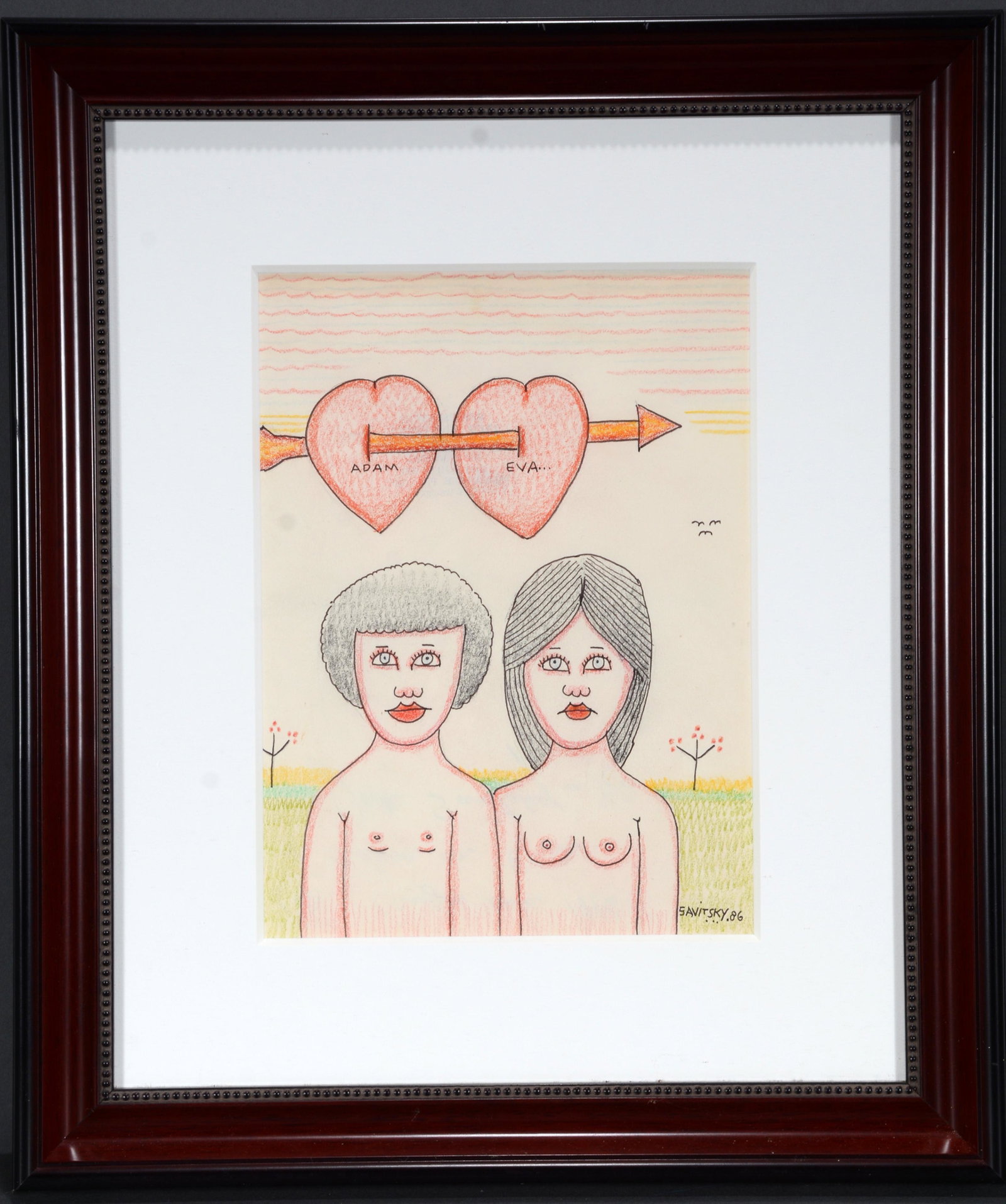 Jack Savitsky. Adam and Eve.: Jack Savitsky. Adam and Eve. 1986. Signed and dated. Colored pencil on paper. Excellent condition. Image is 8.5" x 11.5". Frame is 16.5"w x 18.5"h. Est. $200-300. Ship: $45