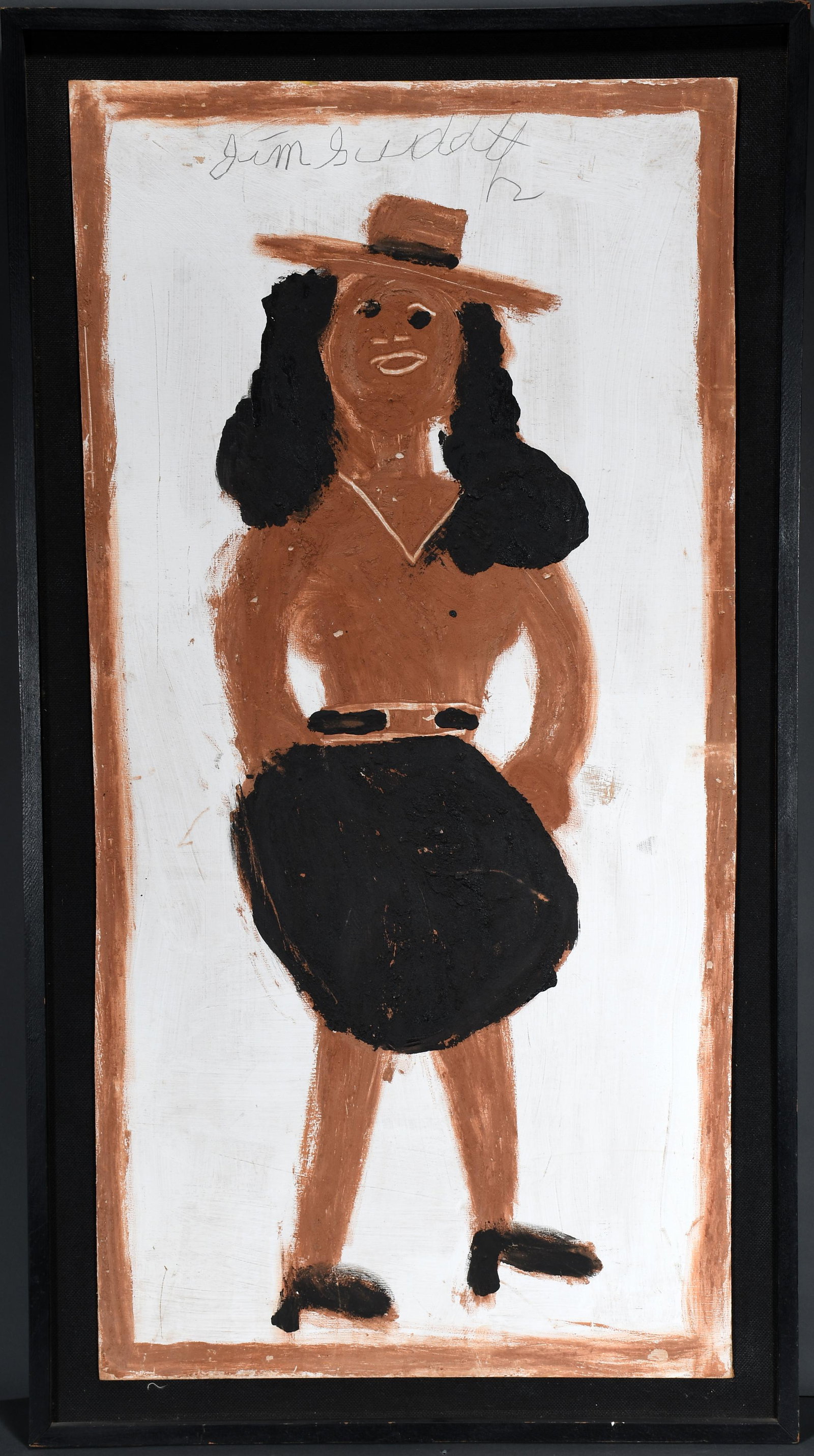 Jimmy Lee Sudduth. Woman In Black.: Jimmy Lee Sudduth. Woman In Black. Signed. Not dated. Paint and mud on board. Minor mud flakes on bodice and nick, frame has some scuffs, otherwise good condition. Size with frame is 29"w x 53"h. Est.