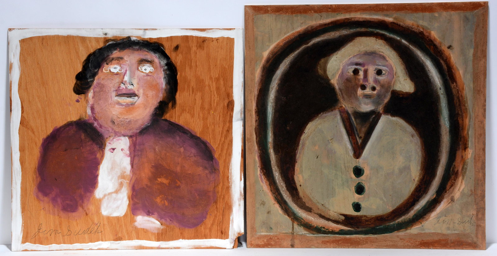 Jimmy Lee Sudduth. Pair of Portraits.: Jimmy Lee Sudduth. Pair of Portraits. Signed. Paint and mud on board. Excellent condition. Average size is 18" x 18". Provenance: The personal collection of Robert Cargo. Est. $200-400. Ship: $45