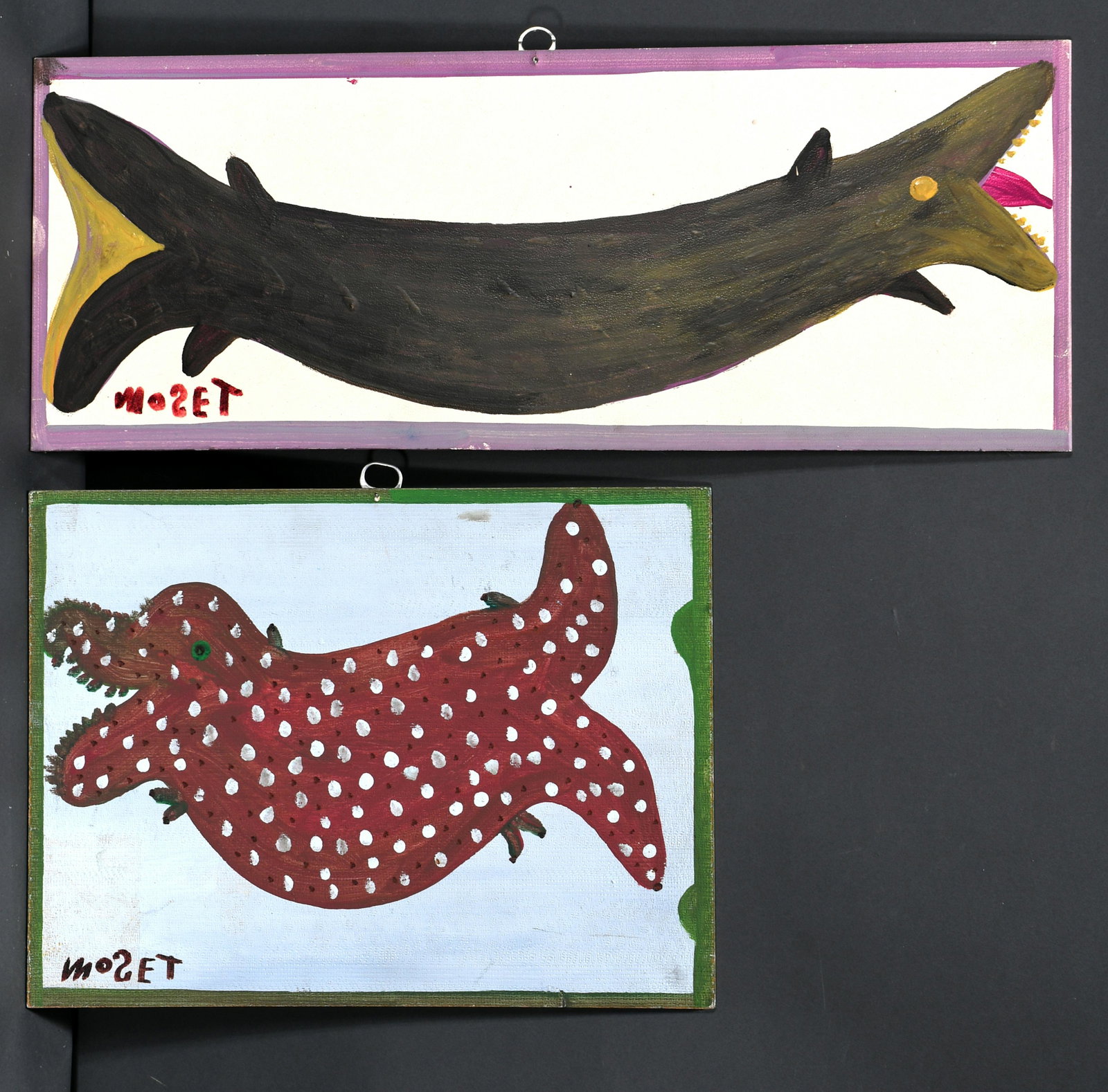 Mose Tolliver. Whale Fish & Mud Trout.: Mose Tolliver. Whale Fish and Mud Trout. Signed and titled. Paint on board. Excellent condition. Largest is 24" x 9". Est. $800-1,200. Ship: $45