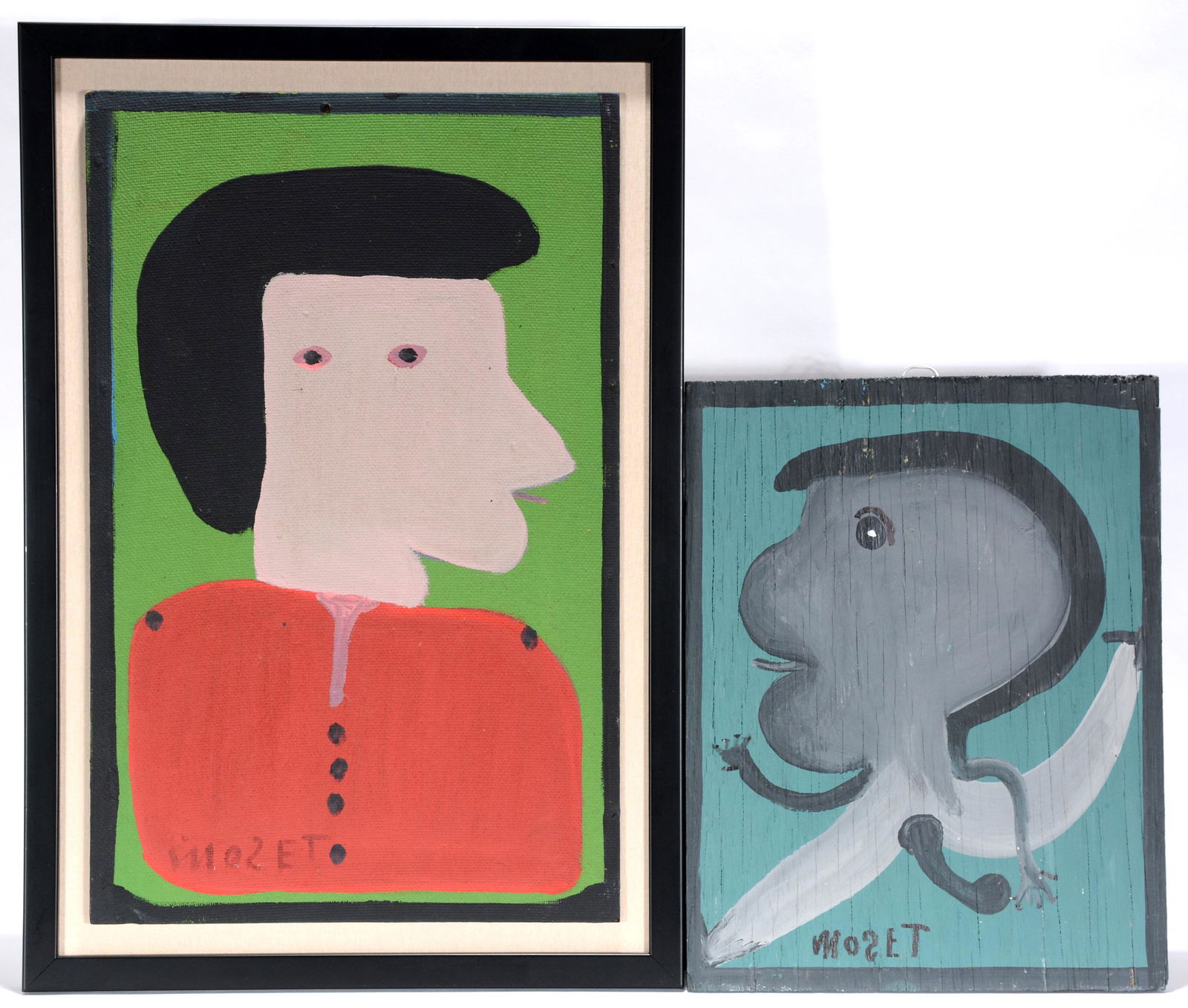 Mose Tolliver. Pair of Portraits.: Mose Tolliver. Pair of Portraits. Signed. Paint on board and Masonite. Great condition. Largest is 16"w x 24"h. Est. $300-500. Ship: $45