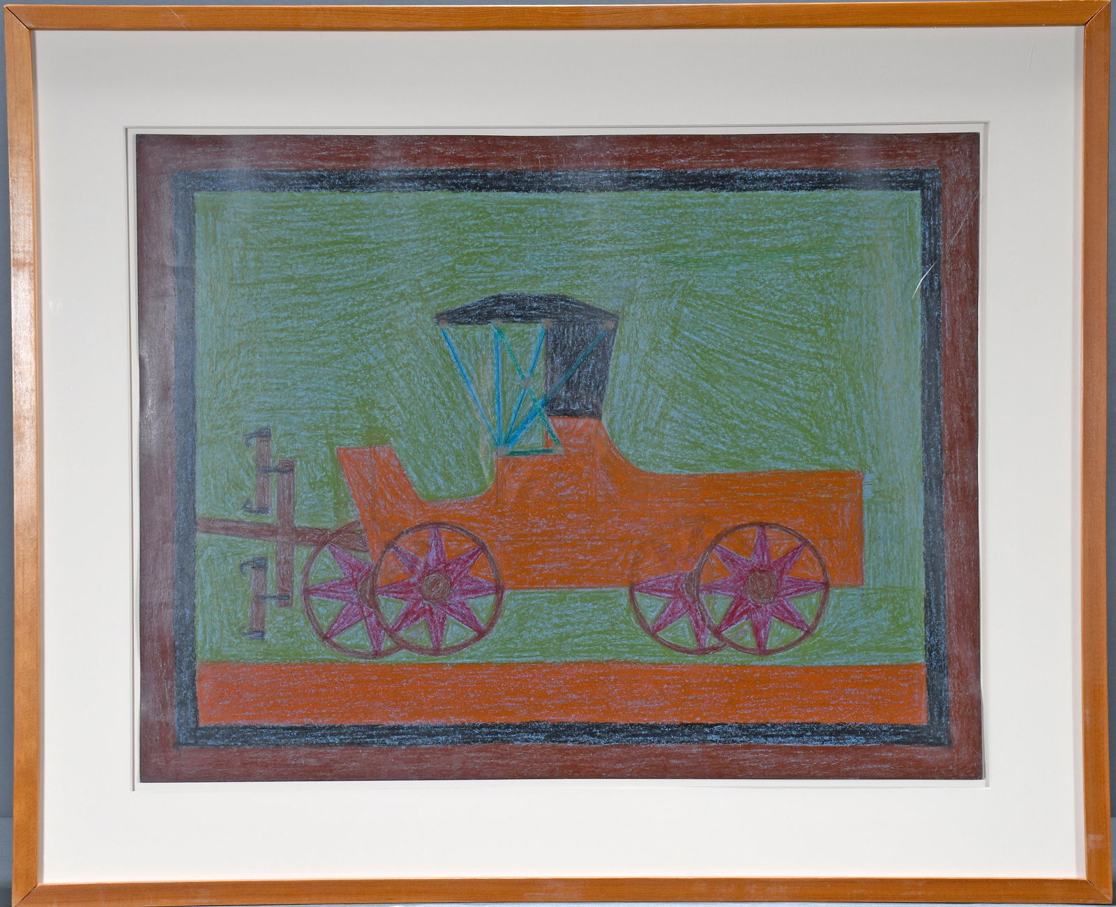 Eddie Arning. Carriage.: Eddie Arning. Carriage.c. 1970. Crayon on paper. Some waving of paper, otherwise excellent condition. Image is 20"w x 26"h. Frame is 34"w x 28"h. Minor scratches on Plexiglas frame. Provenance: The Ru