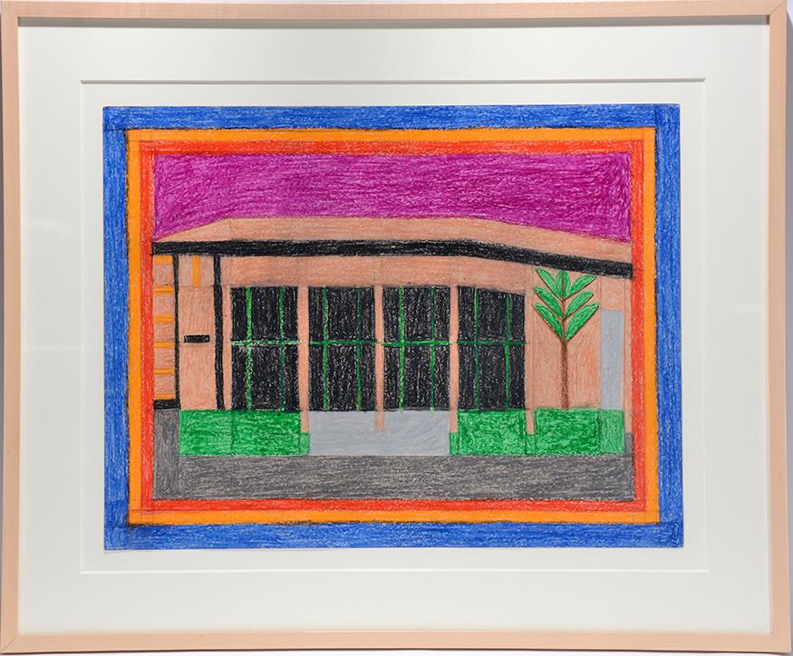 Eddie Arning. Building With Magenta Sky.: Eddie Arning. Building With Magenta Sky, #597. Craypas and crayon on paper. Excellent condition. Image is 26" x 20". Frame is 36"w x 29"h. Provenance: ex. Mendelson Collection. Est. $500-800. Ship: $8
