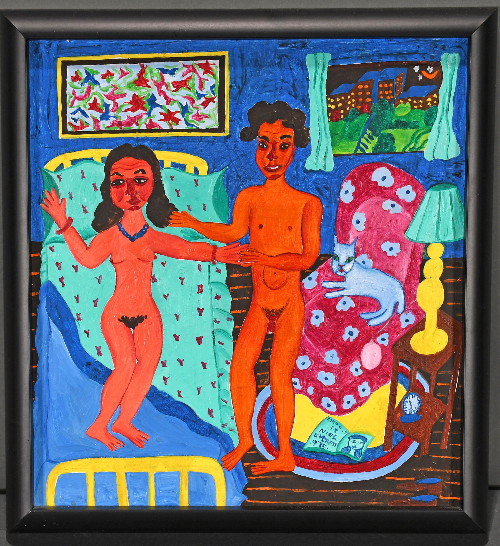 Malcah Zeldis. Nude Couple.: Malcah Zeldis. Nude Couple. Paint on Masonite. Excellent condition. 13"w x 14"h. Est. $300-500. Ship: $45