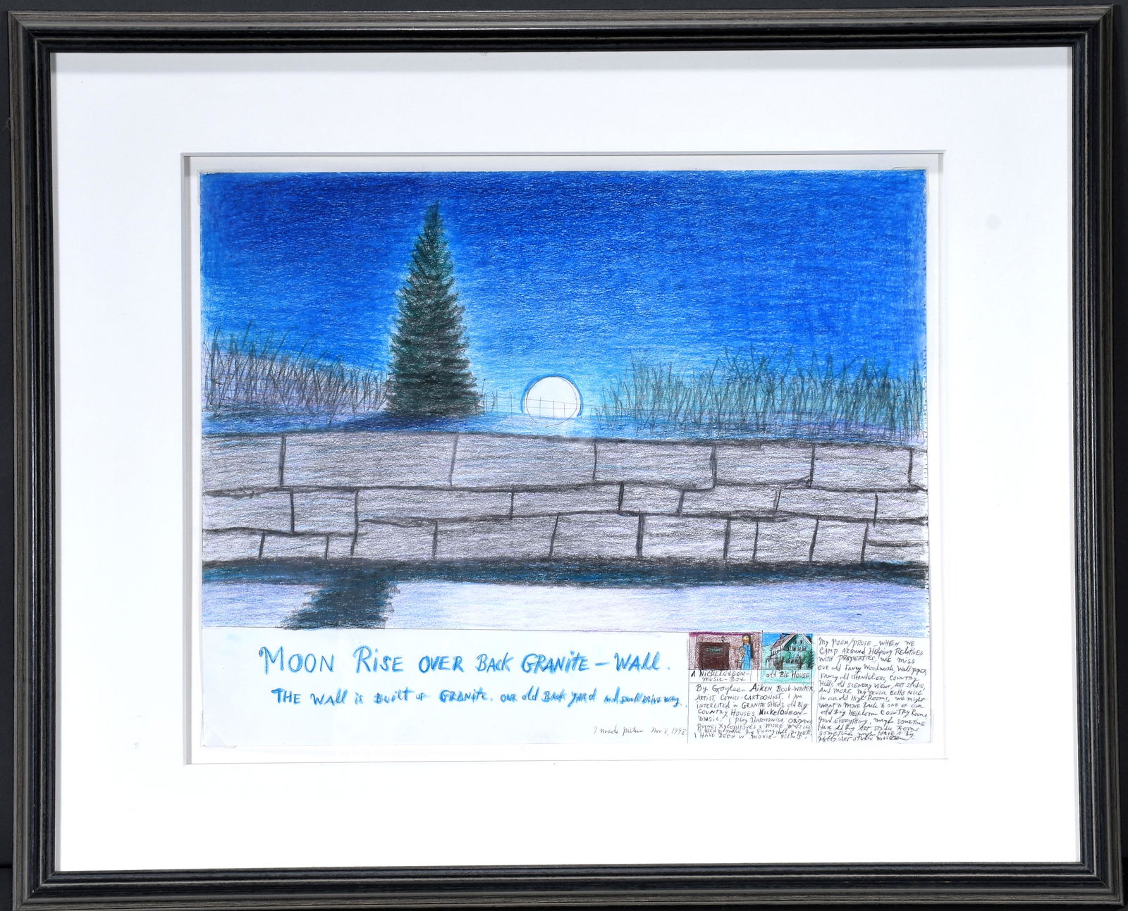 Gayleen Aiken. Moon Rises Over Granite Wall.: Gayleen Aiken. Moon Rises Over Back Granite Wall. 1998. Signed, dated and titled. Crayon, graphite, and ink on cardstock. Excellent condition. Size with frame is 21.5"w x 17"h. Est. $300-500. Ship: $5