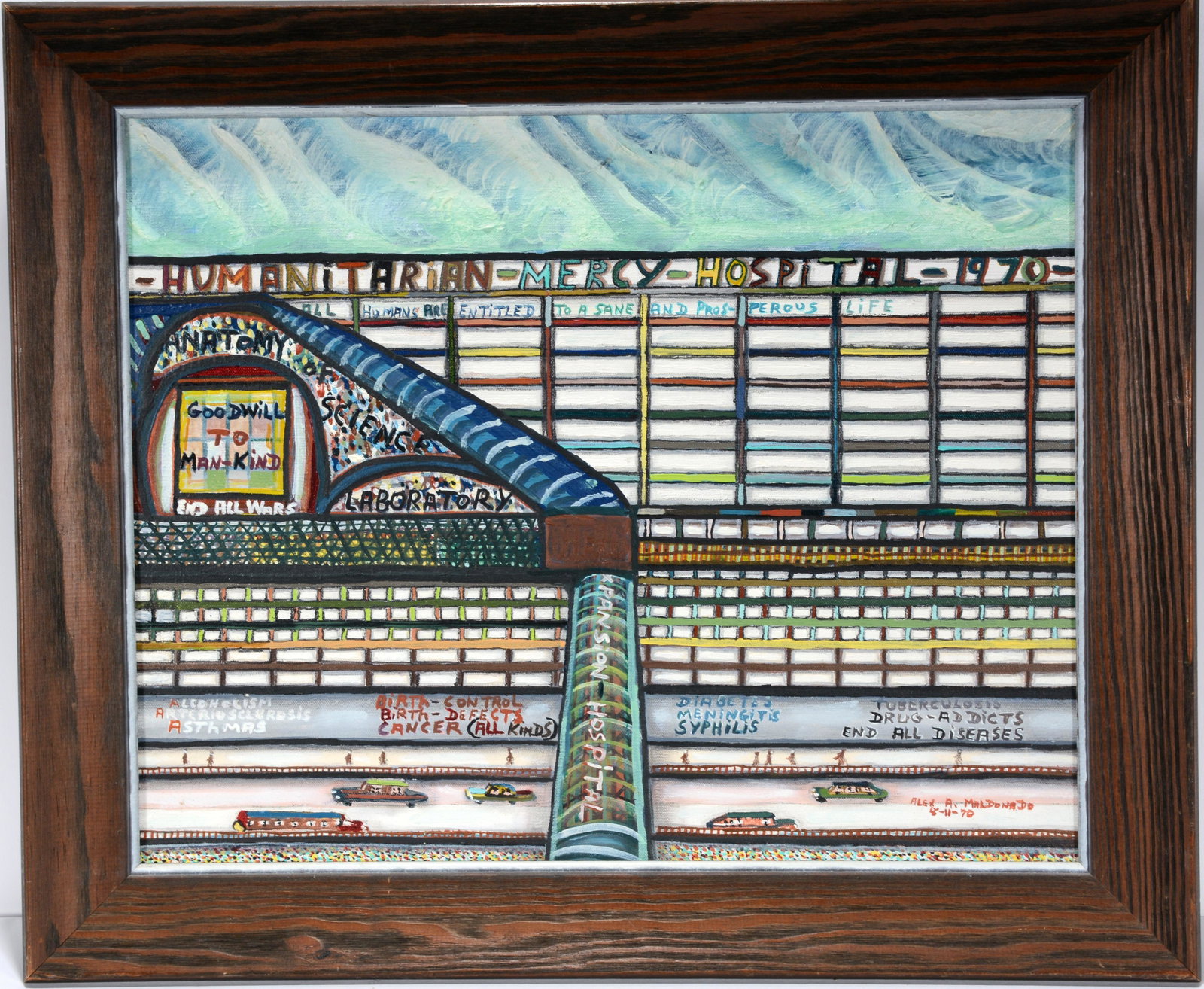 Alex Maldonado. Humanitarian Mercy Hospital.: Alex Maldonado. Humanitarian Mercy Hospital. 1970. Signed, dated and titled. Oil on canvas. Excellent condition. Size with frame is 24"w x 20"h. Provenance: The Ames Gallery. Est. $300-500. Ship: $55