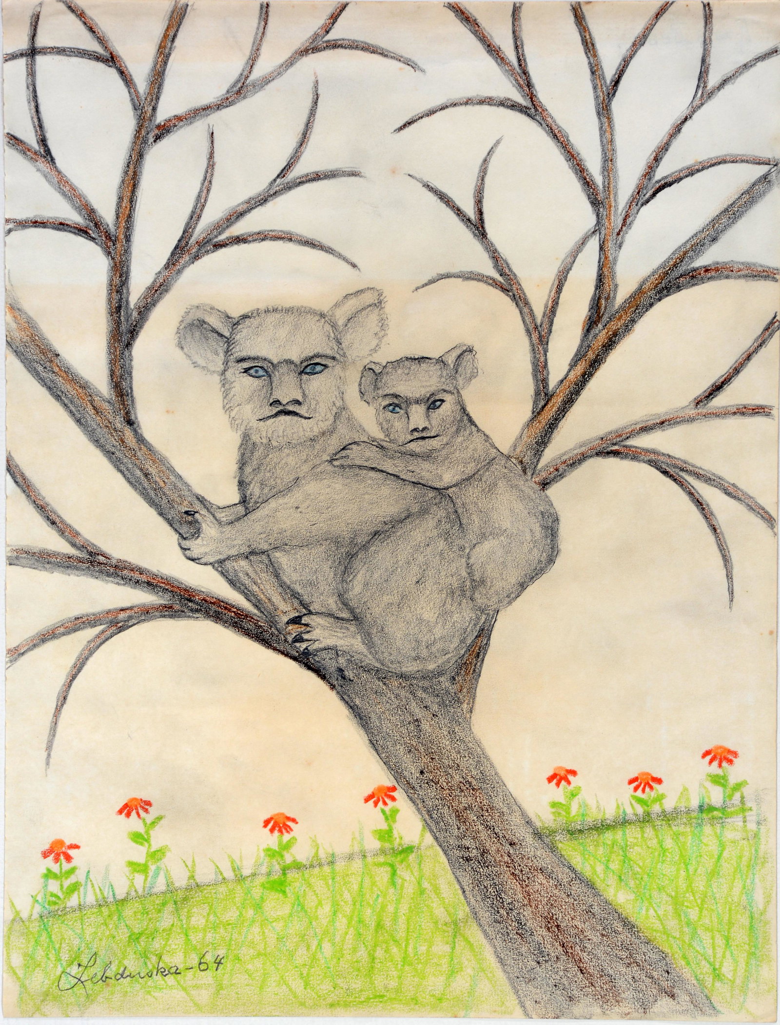 Lawrence Lebduska. Koalas.: Lawrence Lebduska. Koalas. 1964. Signed and dated. Colored pencil and graphite on paper. Excellent condition. Image is 10.5"w x 14"h. Frame is 25"w x 30"h. Est. $300-500. Ship: $85