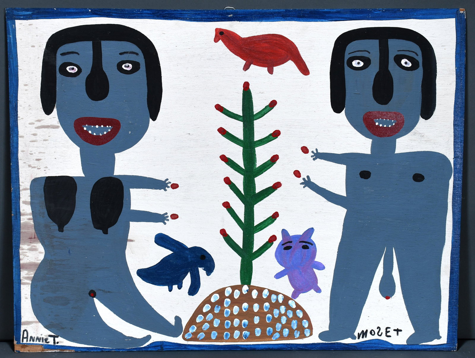 Annie Tolliver. Adam and Eve.: Annie Tolliver. Adam and Eve. Signed and titled. Paint on board. Soiled and loss to left side. Poor condition. 31" x 24". Est. $50-100. Ship: $75