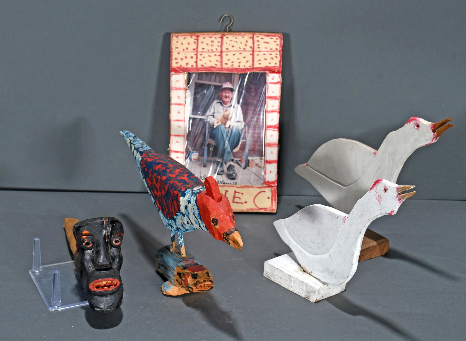 Carl McKenzie. Five Works.: Carl McKenzie. Five Works. c. 1988. Signed. Carved and painted wood with mixed media. Great condition. Average size is 12". Est. $200-300. Ship: $65