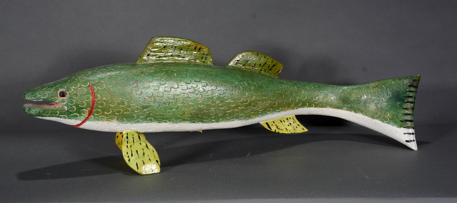 Miles Smith. Small Mouth Bass.: Miles Smith. Small Mouth Bass. Not signed or dated. Carved and painted wood. Excellent condition. 27" long x 9" x 4.5". Est. $300-500. Ship: $85