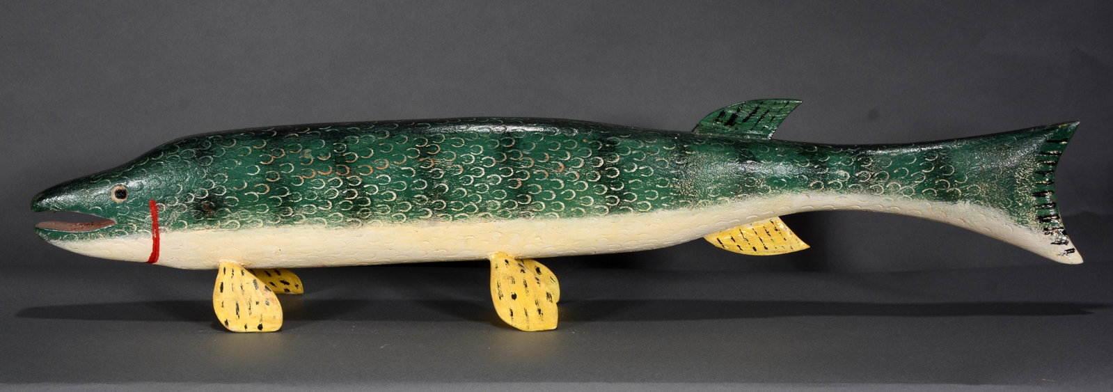 Miles Smith. Pike.: Miles Smith. Pike. Not signed or dated. Carved and painted wood. Excellent condition. 35" long x 7" x 3.5". Est. $300-500. Ship: $85
