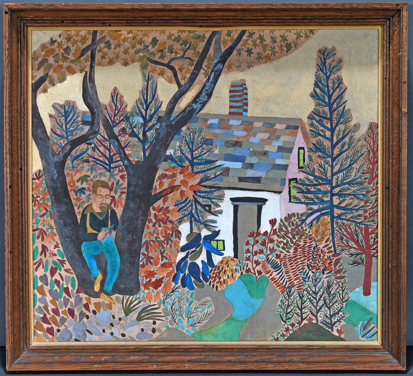 Justine Fuller. Man Sitting In Tree with Book.: Justine Fuller. Man Sitting In A Tree With A Book. 1952. Signed and dated. Water color and paint on artist panel. Great condition. 19"w x 17"h. Provenance: Mr. and Mrs. Art Seiden, purchased from arti