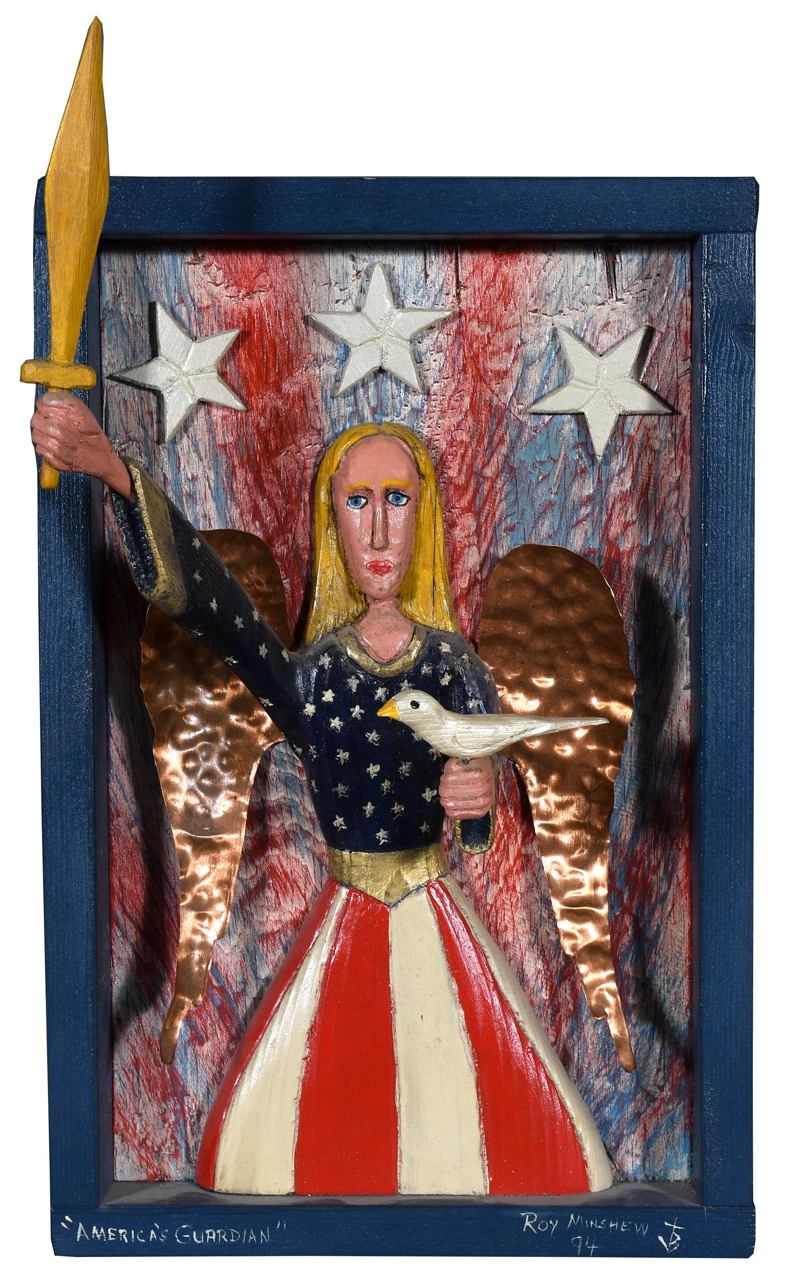 Roy Minshew. American Guardian.: Roy Minshew. American Guardian. 1994. Signed and dated. Carved and painted wood with mixed media. Excellent condition. 9" x 16". Est. $300-500. Ship: $75