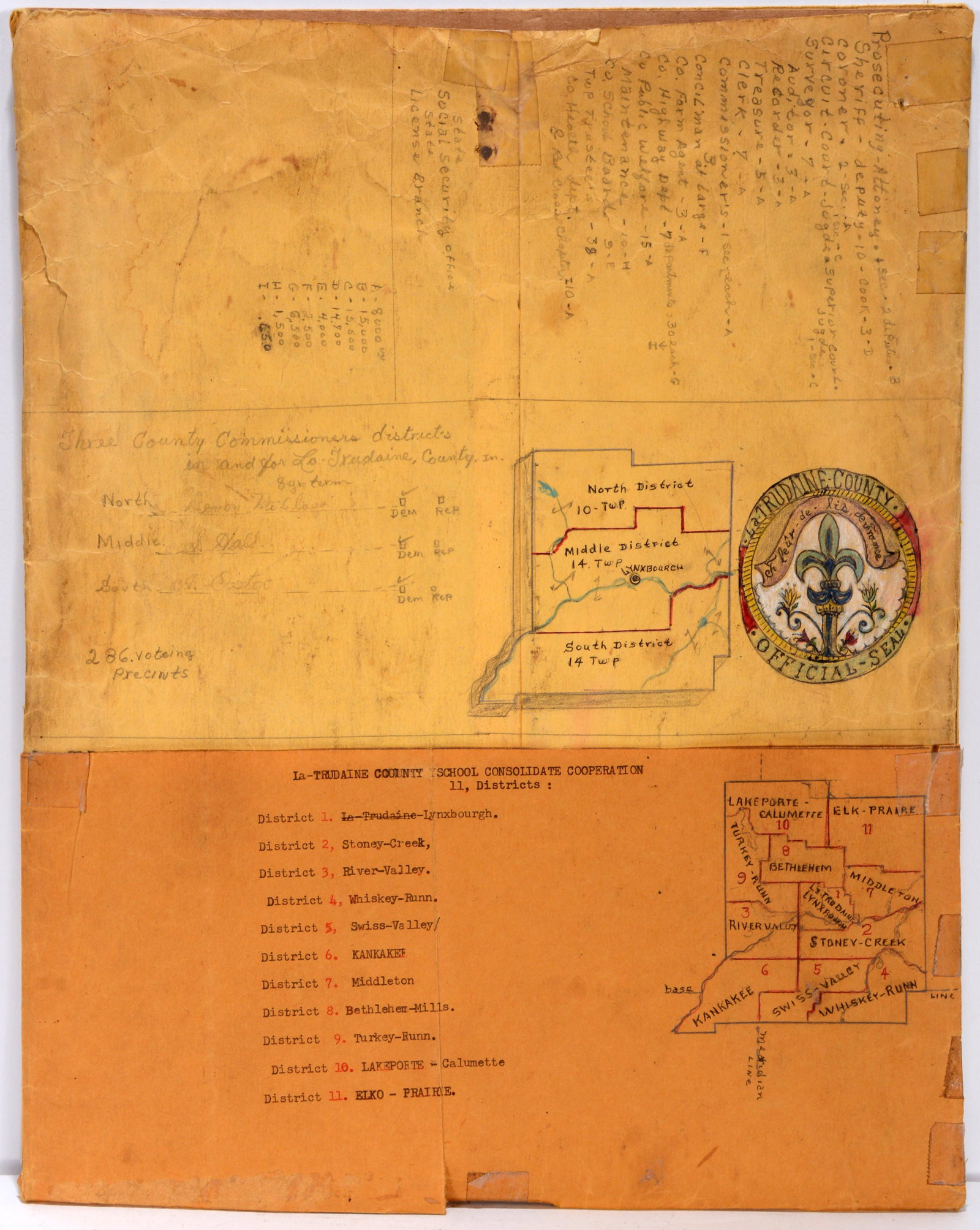 Jacques DuGlass. Coat of Arms & Districts.: Jacques DuGlass. Fictional Coat of Arms and List of Districts. Not signed or dated. Ink and mixed media on manilla envelope. As found condition. 14.5" x 11.5". Est. $200-300. Ship: $35