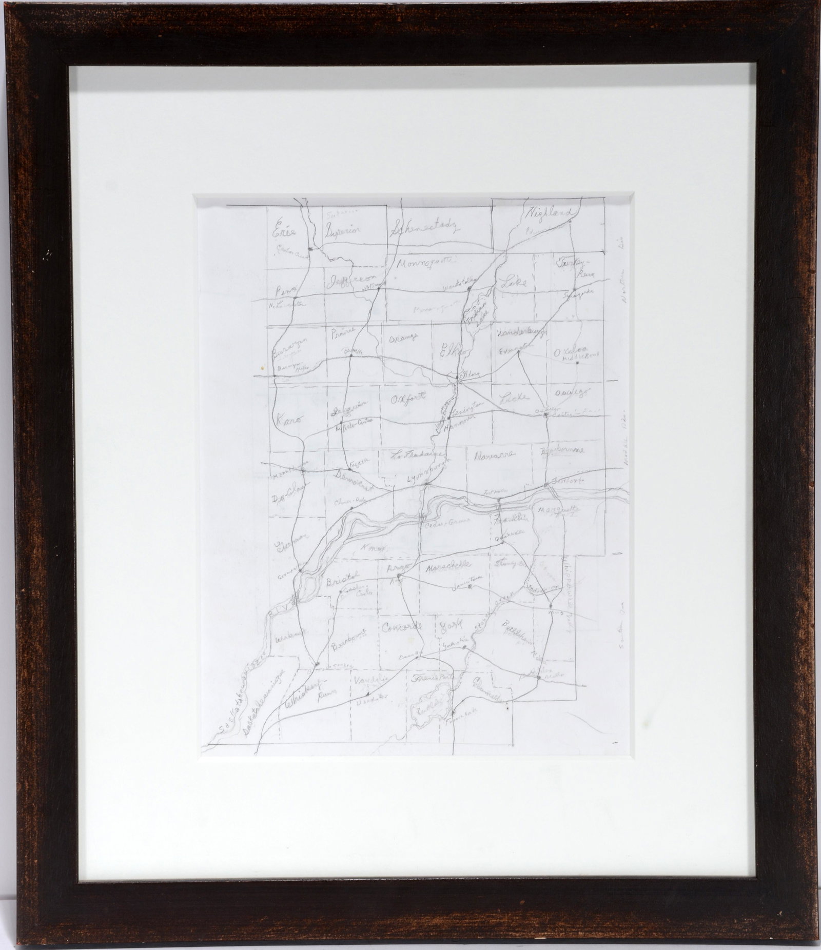 Jacques DuGlass. Fictitional Map.: Jacques DuGlass. Fictional Map. Not signed or dated. Pencil on paper. Excellent condition. Image is 8.5"w x 11"h. Frame is 15"w x 18"h. Est. $200-300. Ship: $45