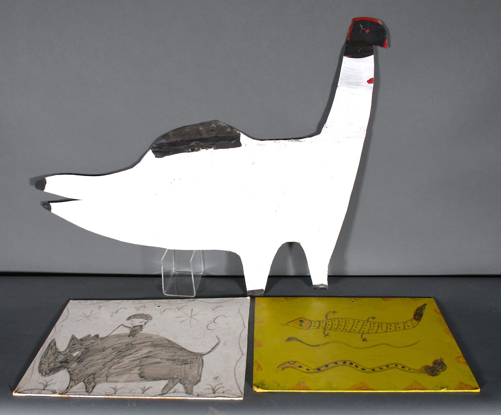R.A. Miller. Cut Out Chicken & 2 On Masonite.: R.A. Miller. Cut Out Chicken and Two Works On Masonite. Some signed. Paint on tin and Masonite. Good to fair condition. Chicken: 32"w x 24"h. Est. $100-200. Ship: $55