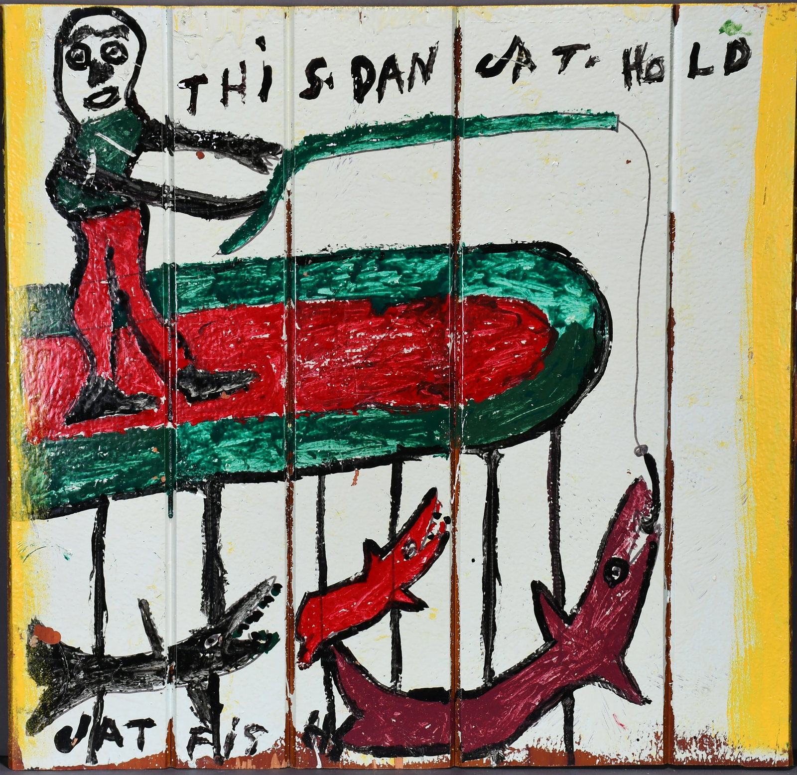 Willie Jinks. This Dan Jat Hold.: Willie Jinks. This Dan Jat Hold. Double-sided. Signed and titled. Paint on found board. Excellent condition. 35" x 34". Est. $300-500. Ship: $100