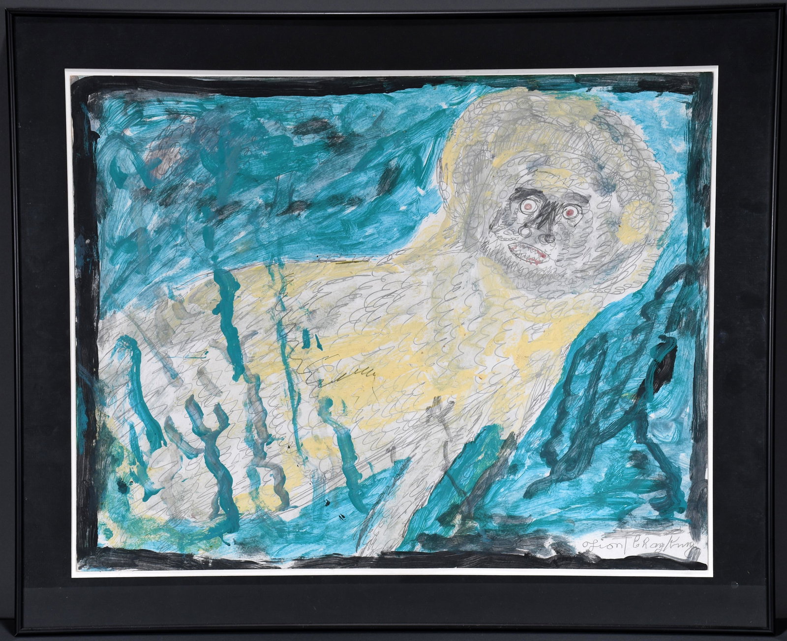 Charley Kinney. Lion.: Charley Kinney. Lion. Signed and tiled. Paint and graphite on poster. Excellent condition. 28"w x 22"h. Frame is 34"w x 28"h. Est. $300-500. Ship: $125