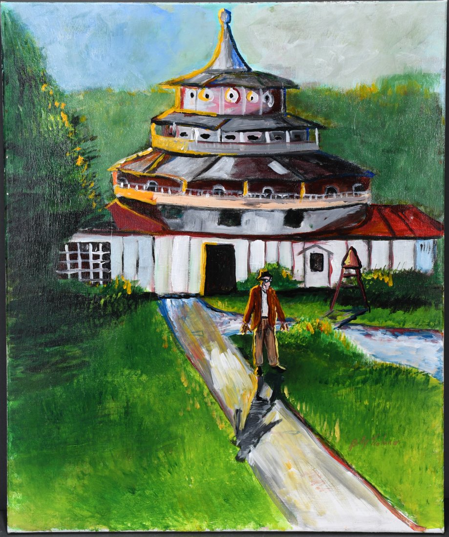 Billy Trelane. Howard at Church of Folk Art.: Billy Trelane. Howard In Front of Church of Folk Art. Signed. Oil on canvas. Excellent condition. 20"w x 24"h. Proceeds to benefit The Paradise Garden Foundation. Est. $100-200. Ship: $45