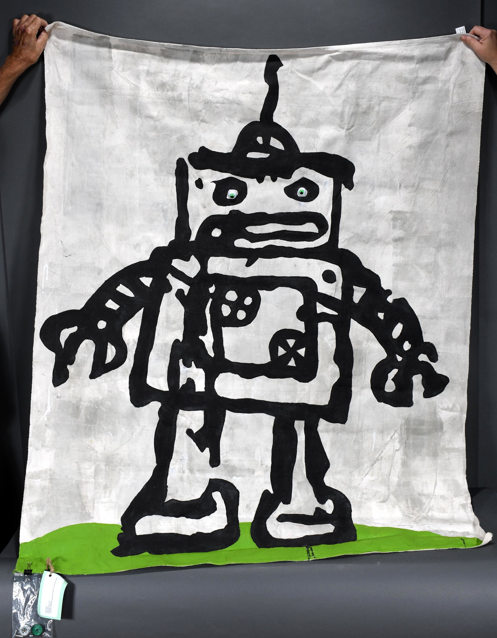 Bill Montana. Robot.: Bill Montana. Robot. 2021. Signed and dated. Paint on unstretched canvas with googly eyes. Good condition. 48"w x 60"h. Proceeds to benefit The Paradise Garden Foundation. Est. $100-200. Ship: $55 (ro